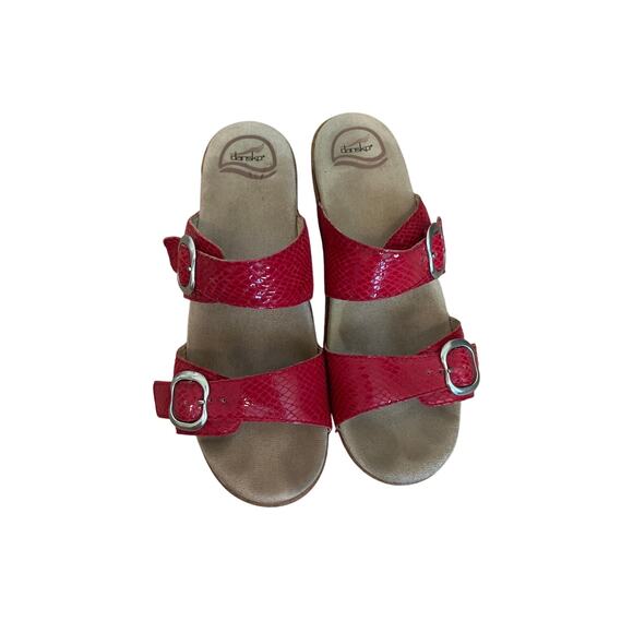Dansko Red Snake Print Leather Sophie Sandals Double Strap Platform Wedge US 9 - Picture 1 of 6